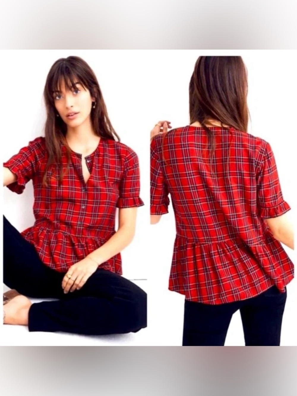 Madewell Red Plaid Peplum Blouse size XS button front ruffle sleeve tartan top